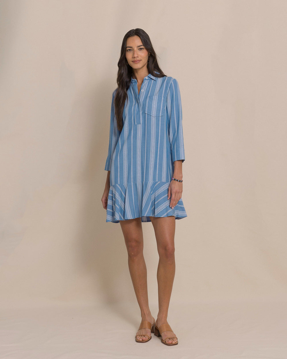 The front view of the Southern Tide Delilah Stripe Popover Dress by Southern Tide - Nautical Blue
