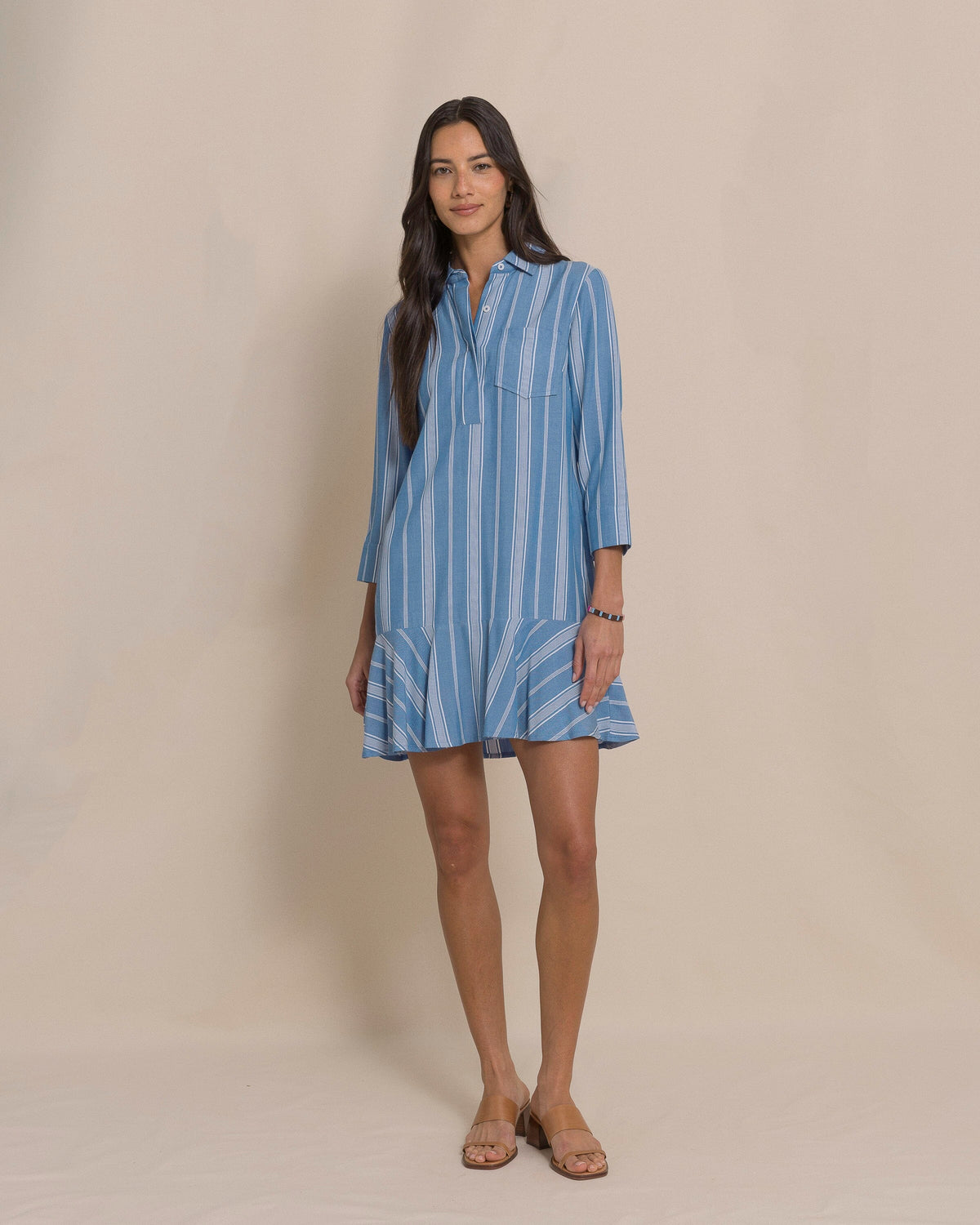 The front view of the Southern Tide Delilah Stripe Popover Dress by Southern Tide - Nautical Blue