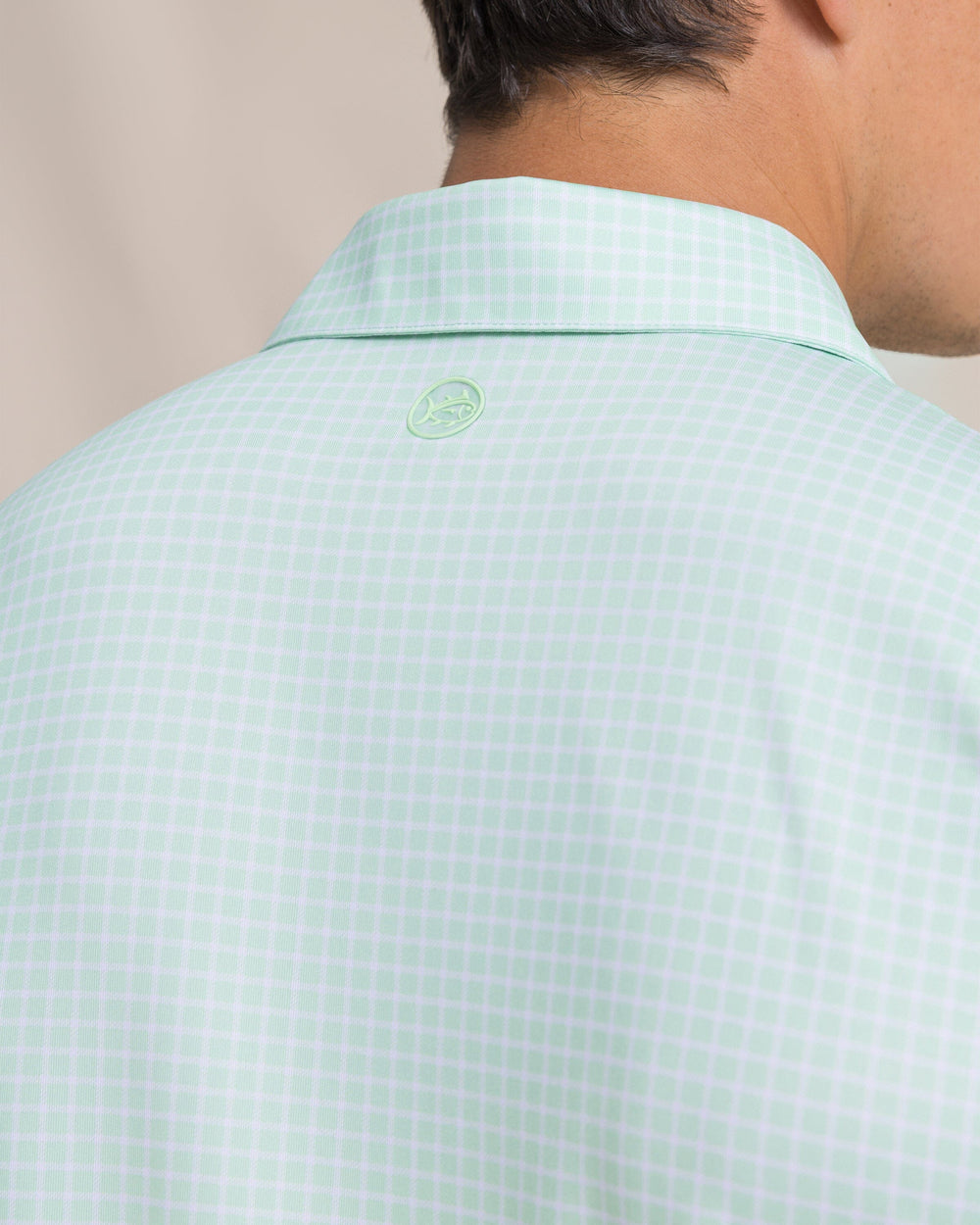 The detail view of the Southern Tide Driver Dunes Edge Plaid Polo by Southern Tide - Green Ash