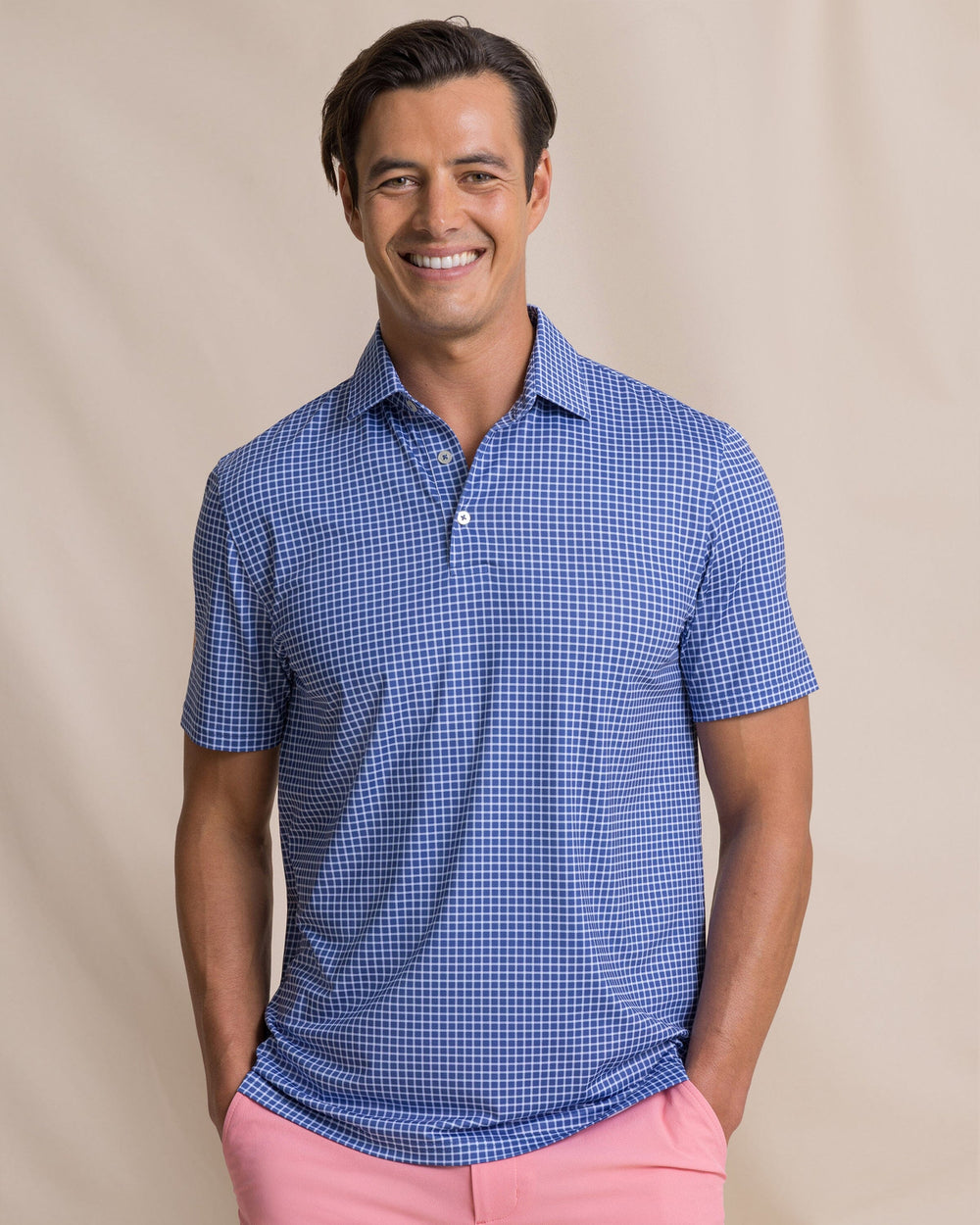 The front view of the Southern Tide Driver Dunes Edge Plaid Polo by Southern Tide - Nautical Blue