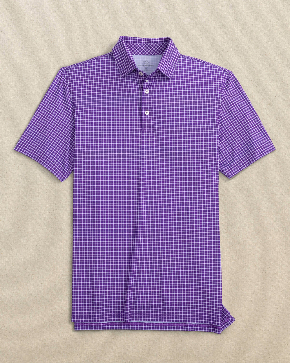 The front view of the Southern Tide Driver Dunes Edge Team Colors Plaid Polo by Southern Tide - Regal Purple