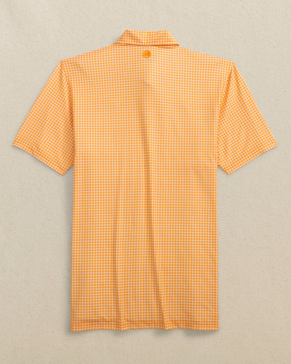 The back view of the Southern Tide Driver Dunes Edge Team Colors Plaid Polo by Southern Tide - Rocky Top Orange