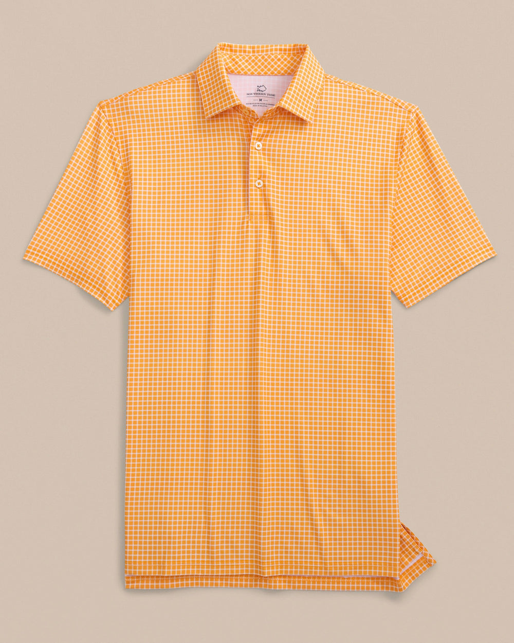 The front view of the Southern Tide Driver Dunes Edge Team Colors Plaid Polo by Southern Tide - Rocky Top Orange