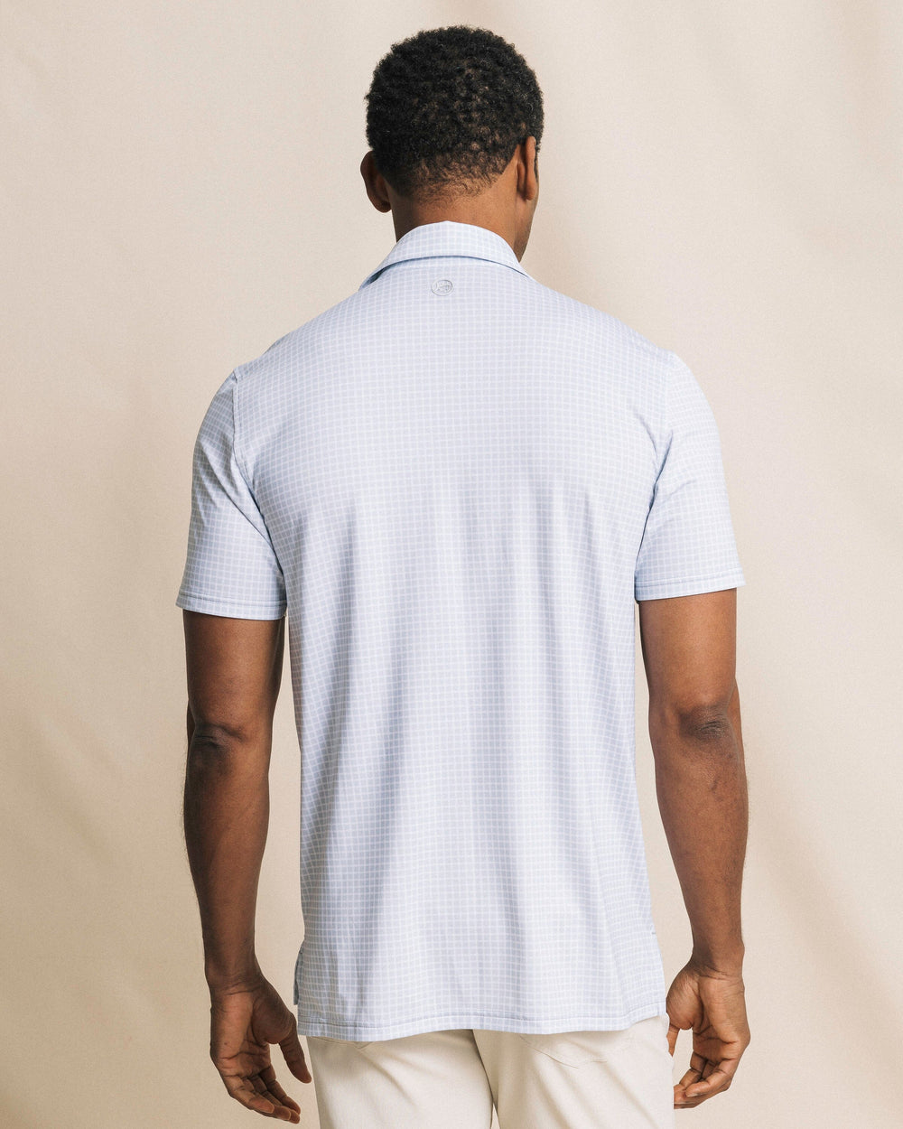 The back view of the Southern Tide Driver Dunes Edge Team Colors Plaid Polo by Southern Tide - Slate Grey