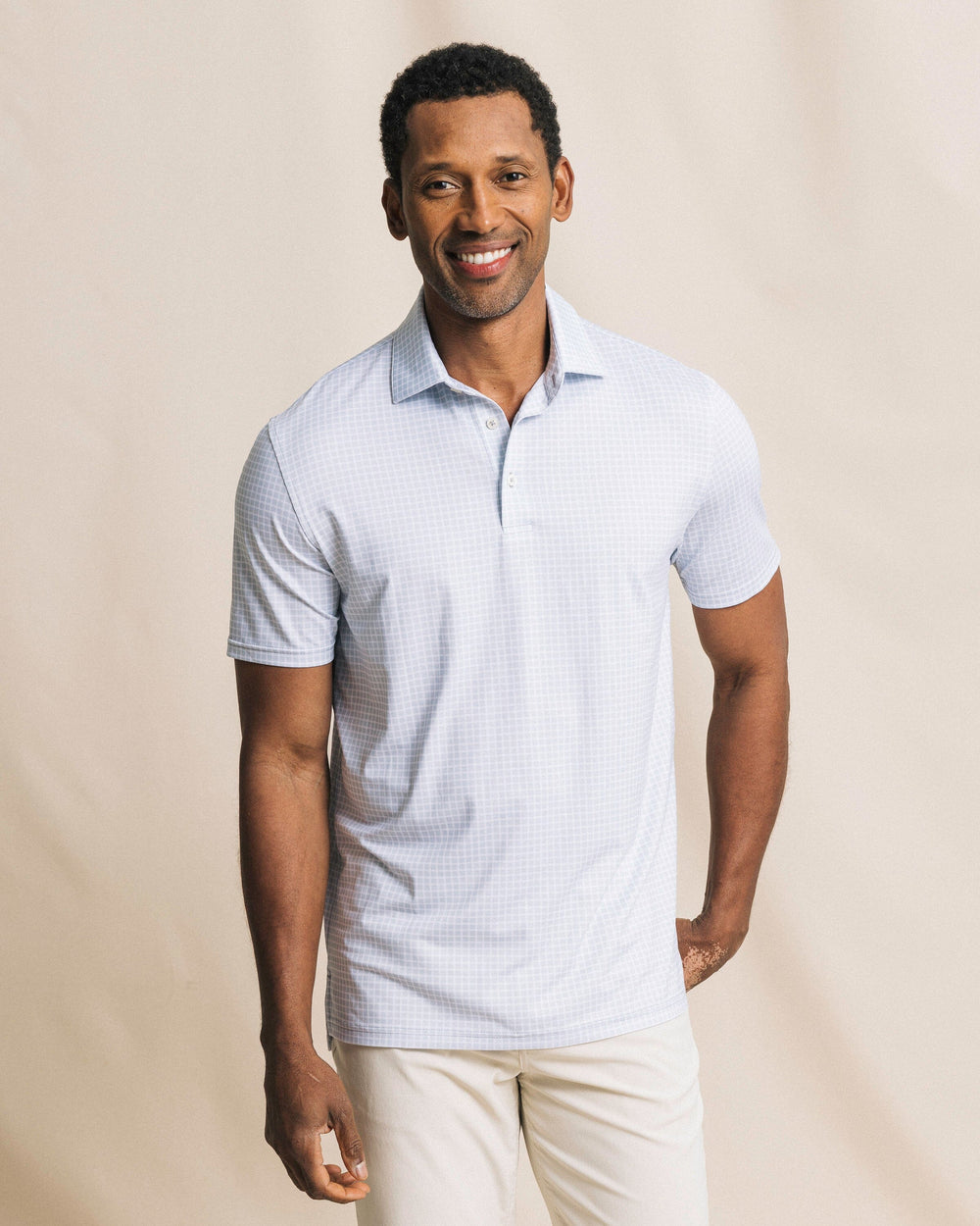 The front view of the Southern Tide Driver Dunes Edge Team Colors Plaid Polo by Southern Tide - Slate Grey