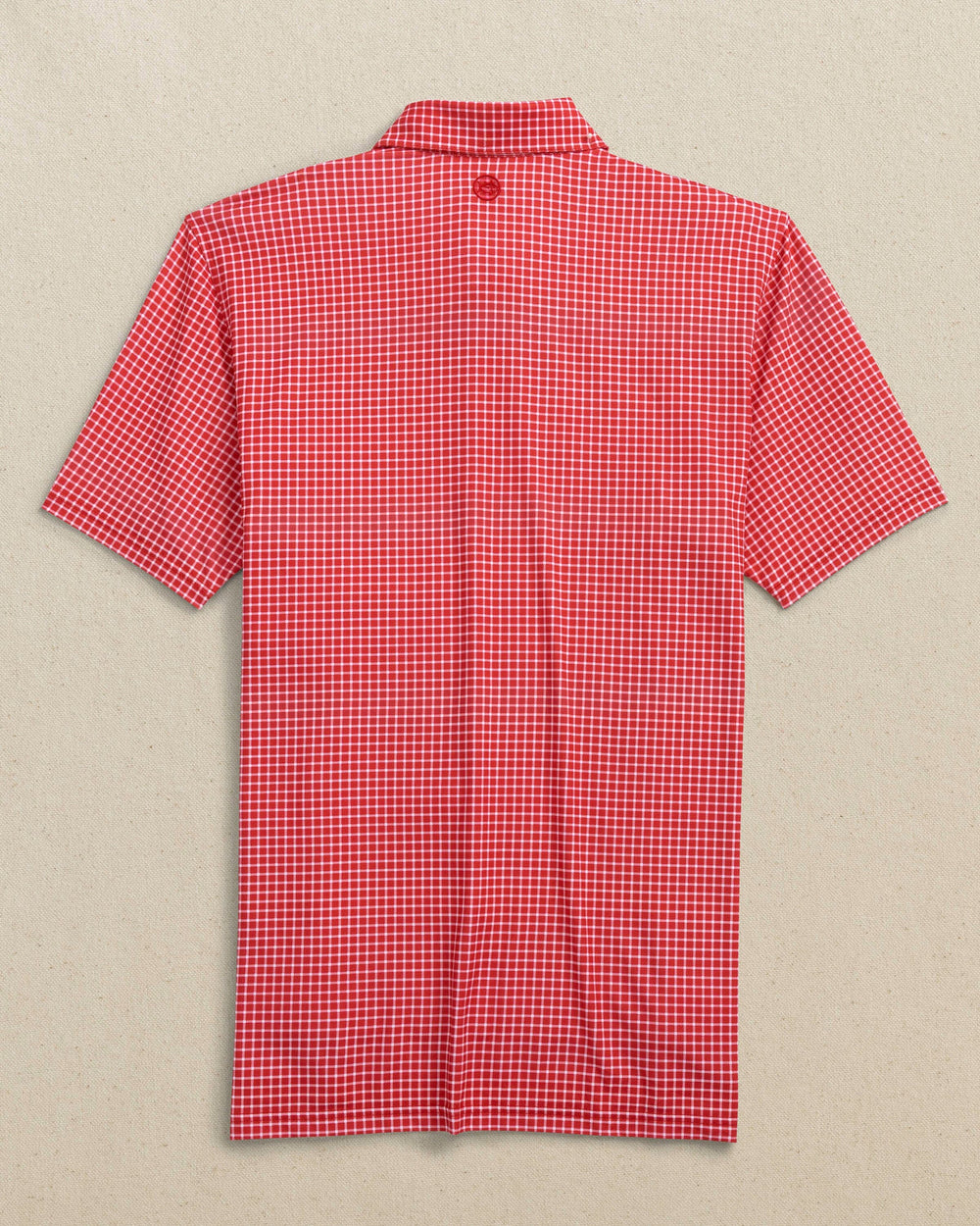 The back view of the Southern Tide Driver Dunes Edge Team Colors Plaid Polo by Southern Tide - Varsity Red