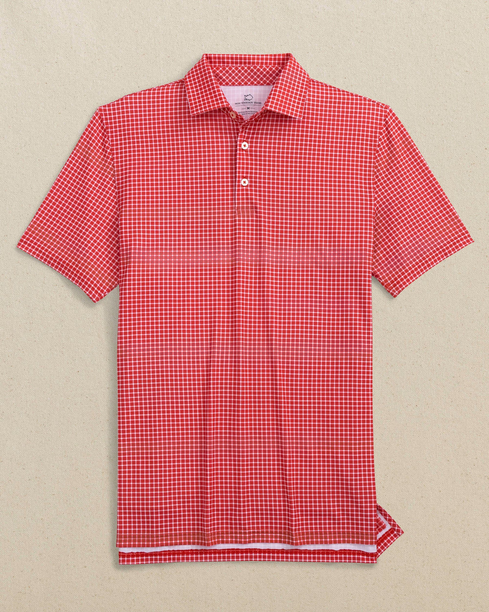 The front view of the Southern Tide Driver Dunes Edge Team Colors Plaid Polo by Southern Tide - Varsity Red