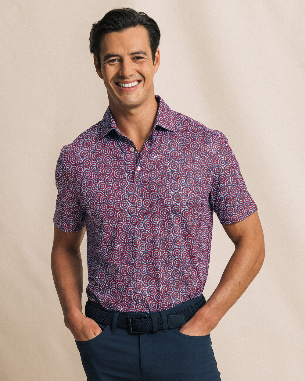 The front view of the Southern Tide Driver Fireworks Printed Polo by Southern Tide - Channel Marker Red