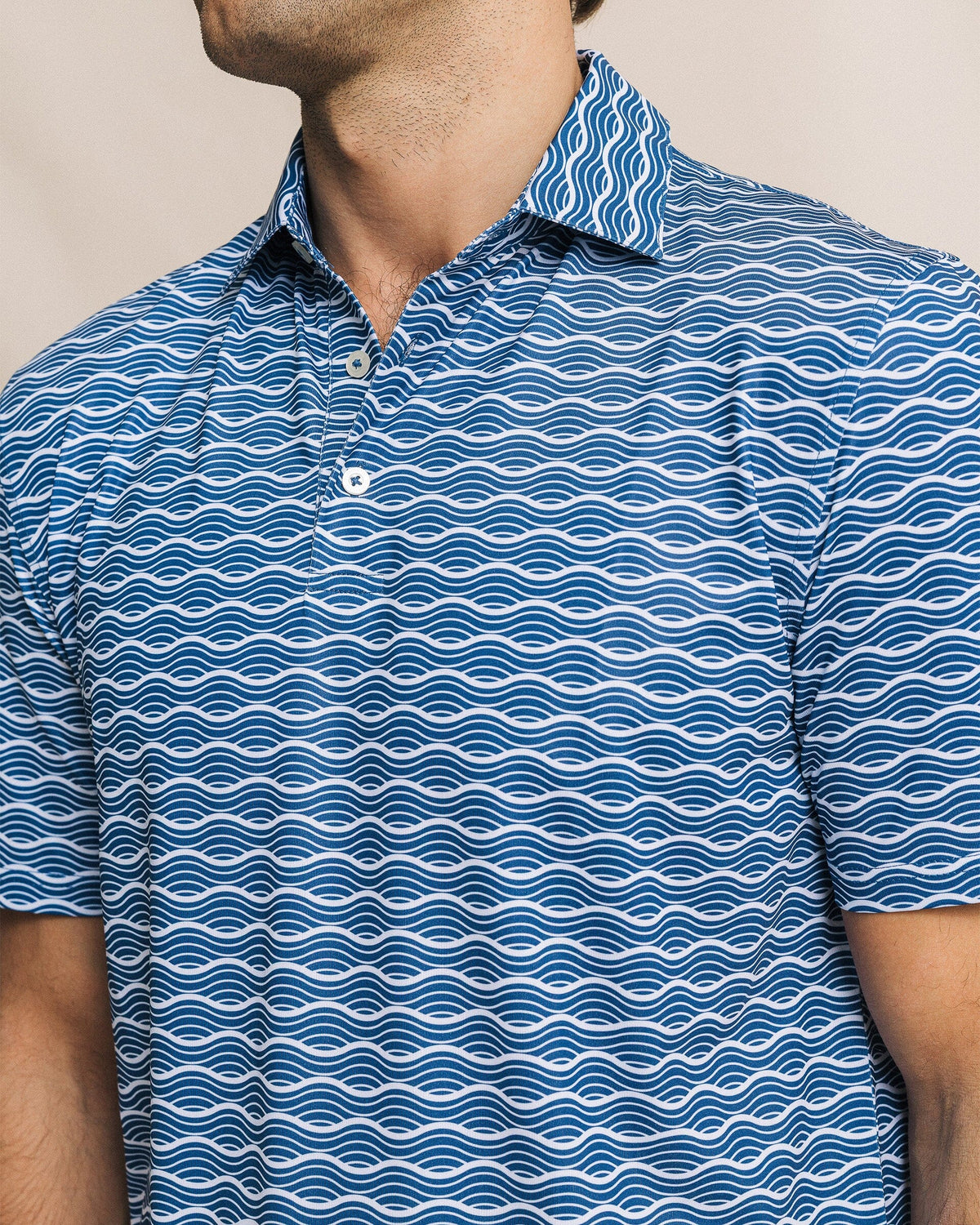The detail view of the Southern Tide Driver Ocean Echo Printed Polo by Southern Tide - Nautical Blue