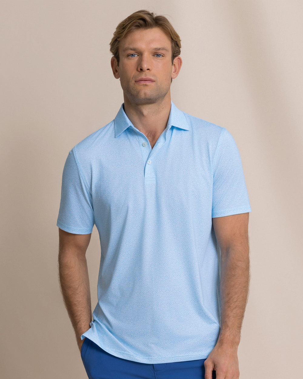 The front view of the Southern Tide Driver Paradise Shores Printed Polo by Southern Tide - Tropical Breeze Blue