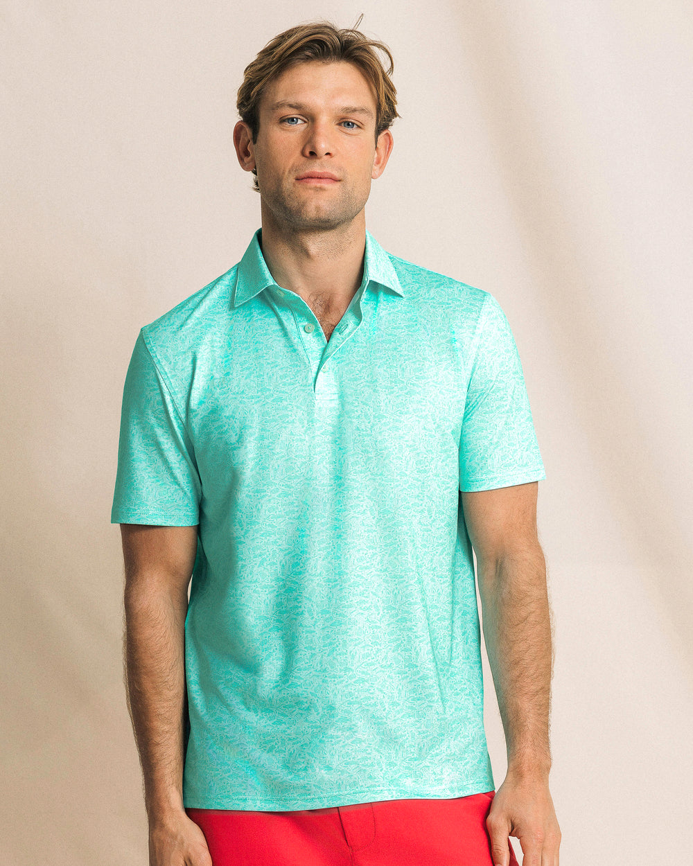 The front view of the Southern Tide Driver Seawatch Printed Polo by Southern Tide - Shore Blue