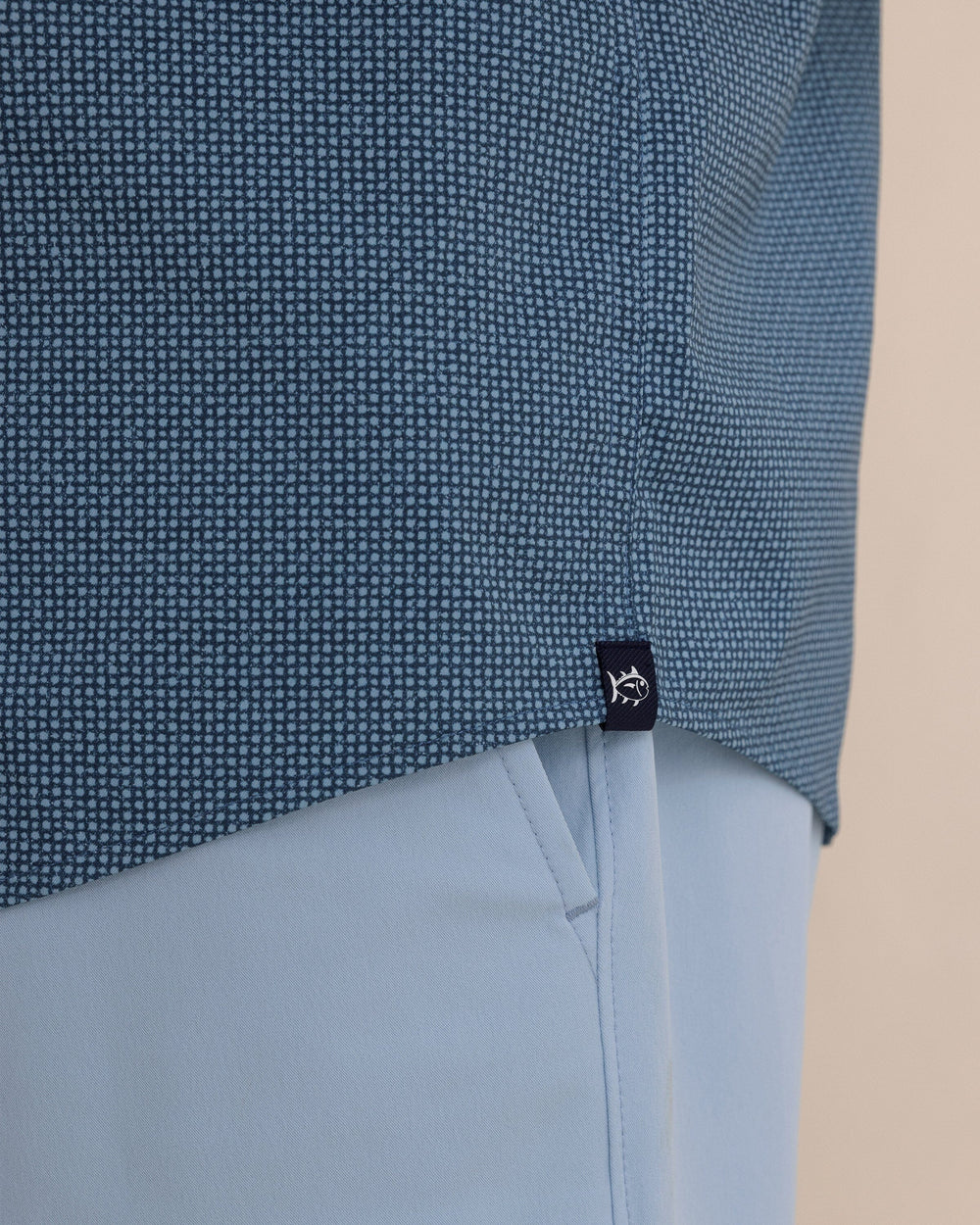 The detail view of the Southern Tide Eastport Heather brrr°® Intercoastal Short Sleeve Sport Shirt by Southern Tide - Dress Blue