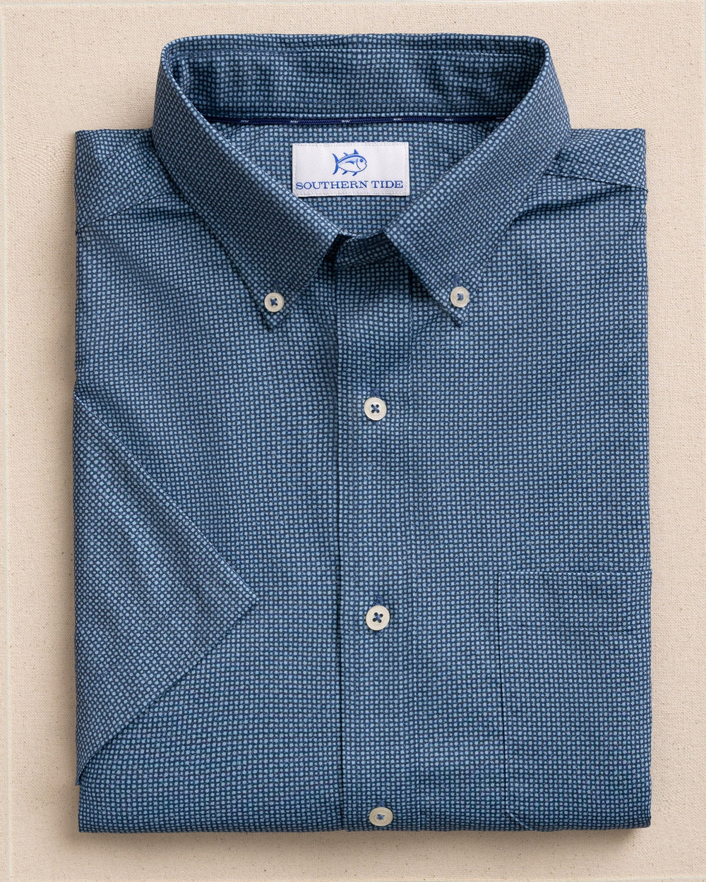 The front view of the Southern Tide Eastport Heather brrr°® Intercoastal Short Sleeve Sport Shirt by Southern Tide - Dress Blue