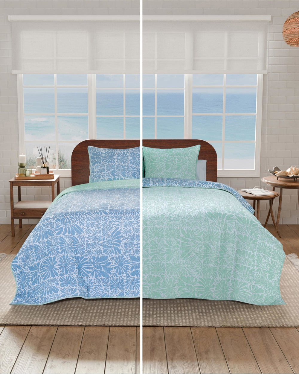 The front view of the Southern Tide Eldora Reversible Quilt by Southern Tide - Blue