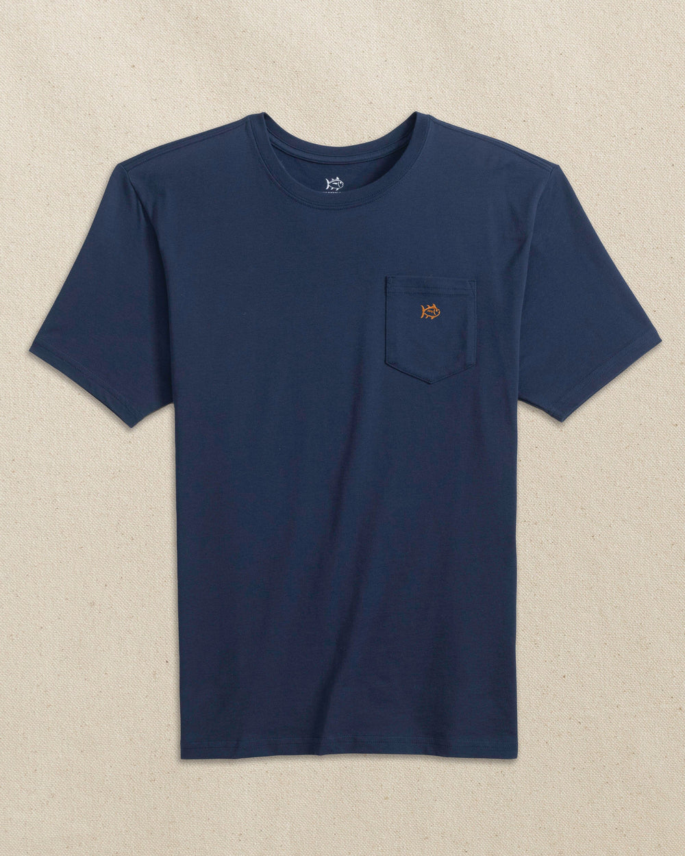 The front view of the Southern Tide Embroidered Skipjack Short Sleeve T-Shirt by Southern Tide - Navy and Orange