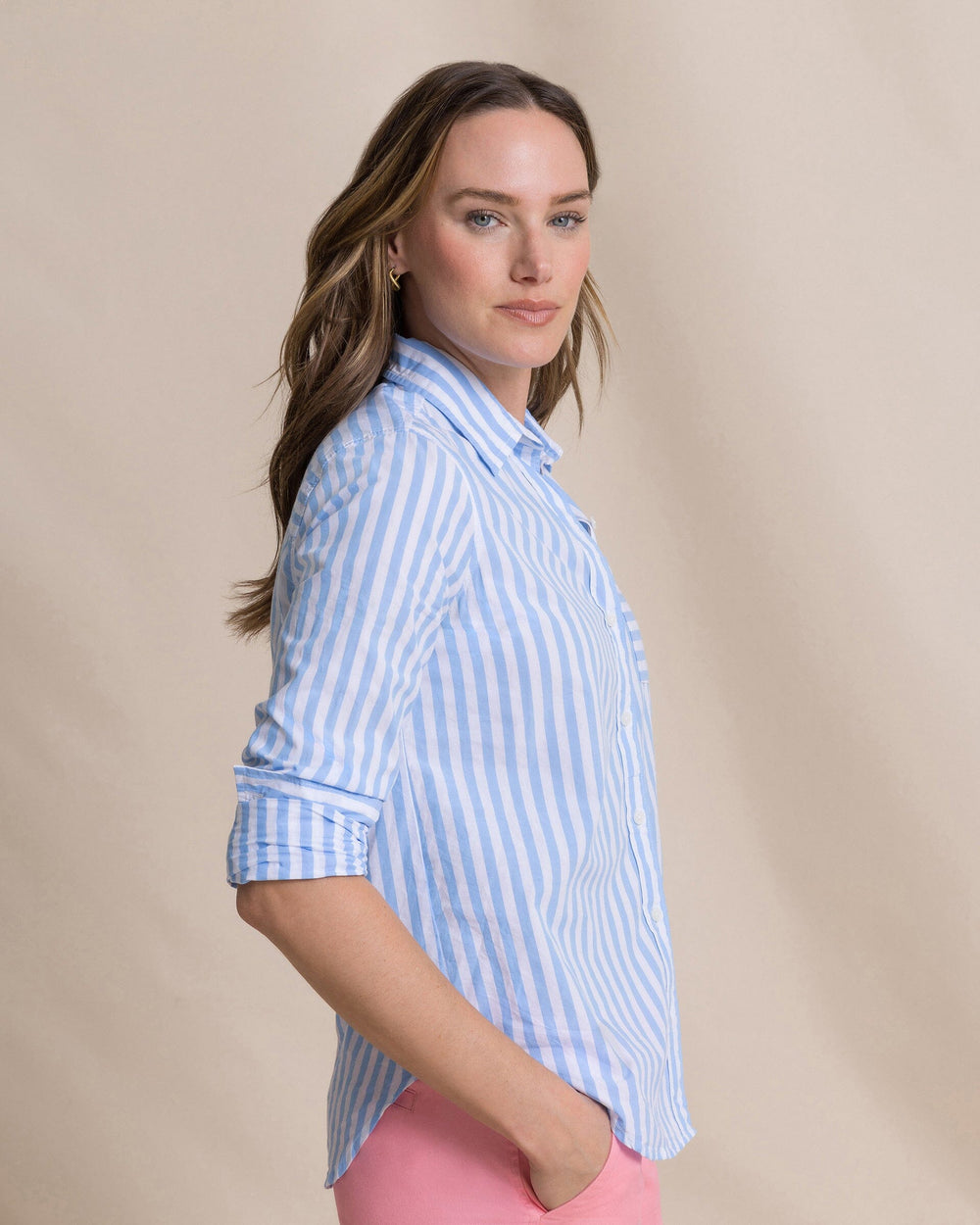 The side view of the Southern Tide Emery Button Front Shirt by Southern Tide - Ocean Channel