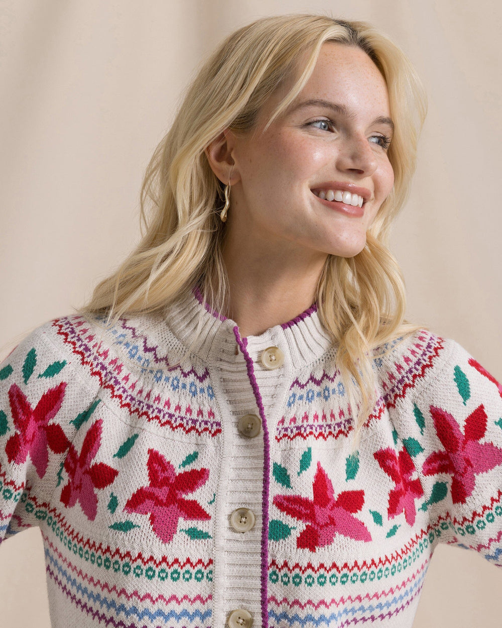 The front view of the Southern Tide Fair Isle Floral Cardigan by Southern Tide - Star White