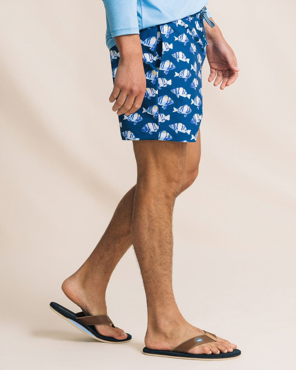 The side view of the Southern Tide Feeling Fintastic Maritime Swim Trunk by Southern Tide - Nautical Blue
