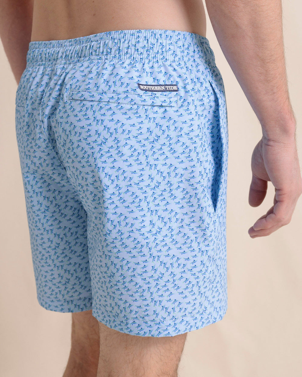 The back detail view of the Southern Tide Fintastic Swim Trunk by Southern Tide - Cerulean