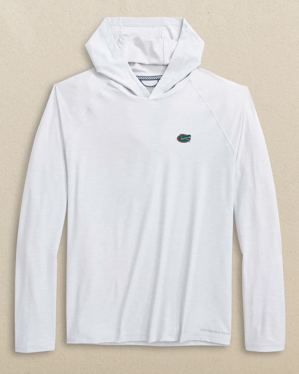The front view of the Southern Tide Florida Gators brrr°®-illiant Performance Hoodie by Southern Tide - Platinum Grey