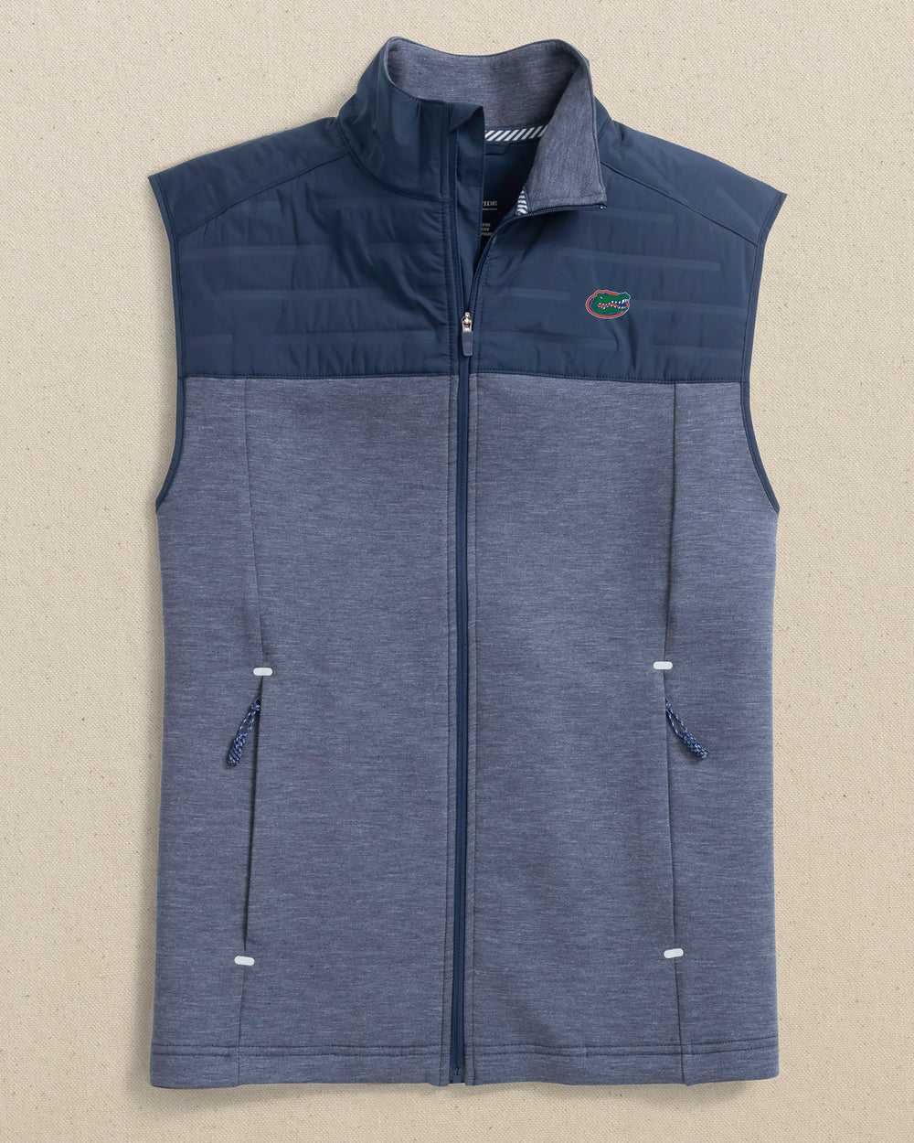 The front view of the Southern Tide Florida Gators Coligny Quilted Vest by Southern Tide - Dress Blue