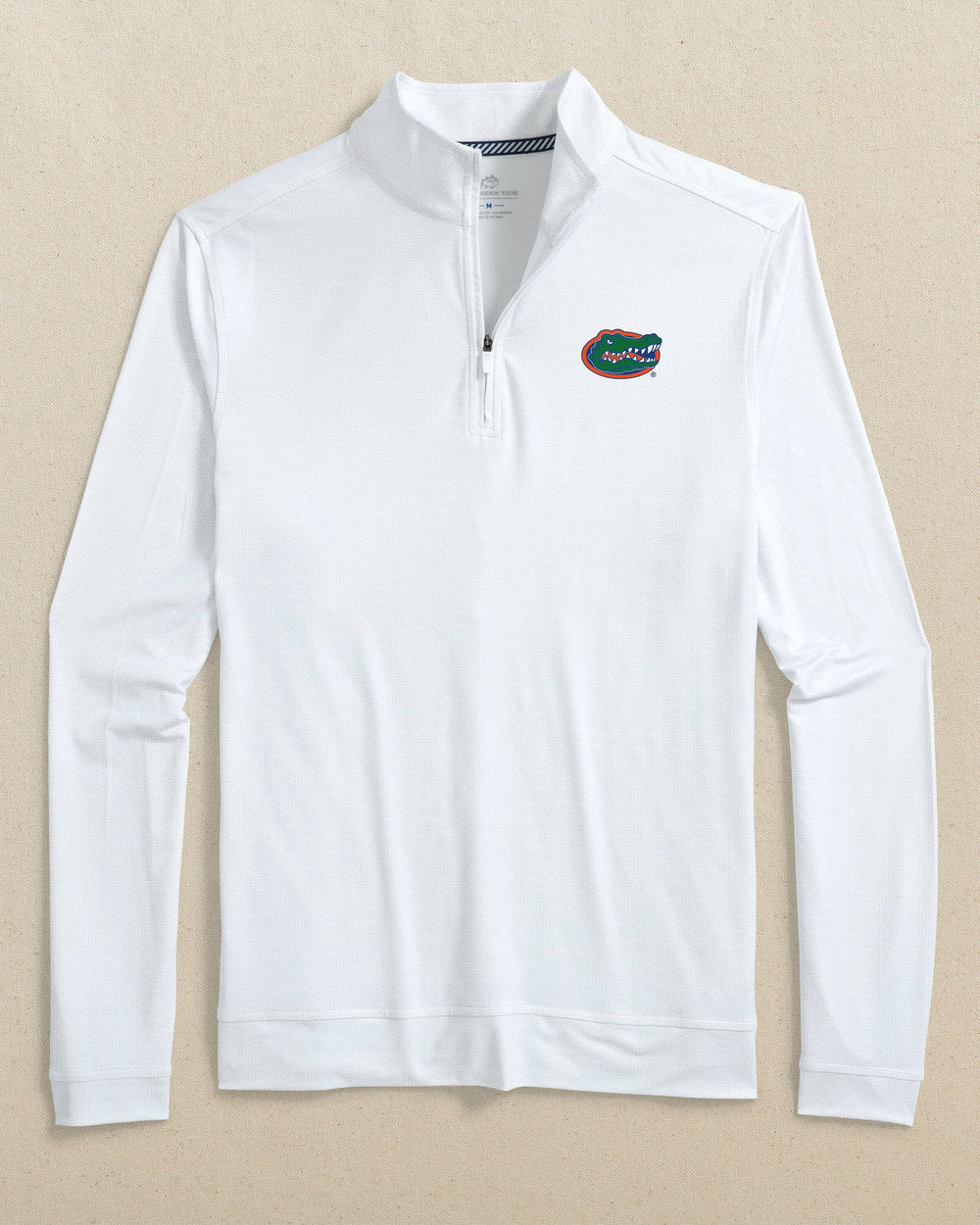 The front view of the Southern Tide Florida Gators Cruiser ST Geo Printed Quarter Zip by Southern Tide - Classic White