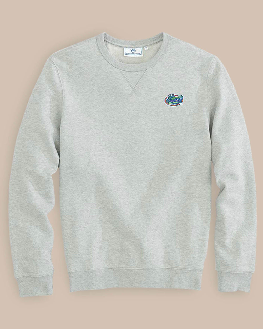 The front view of the Florida Gators Upper Deck Pullover Sweatshirt by Southern Tide - Heather Slate Grey