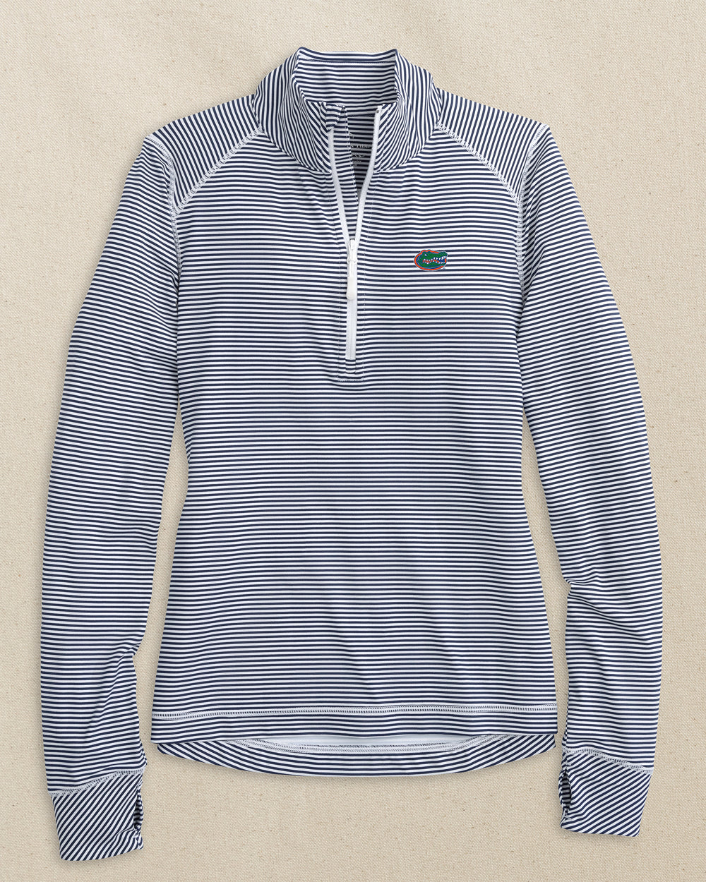 The front view of the Southern Tide Florida Gators Women's Striped Runaround Quarter Zip by Southern Tide - Dress Blue