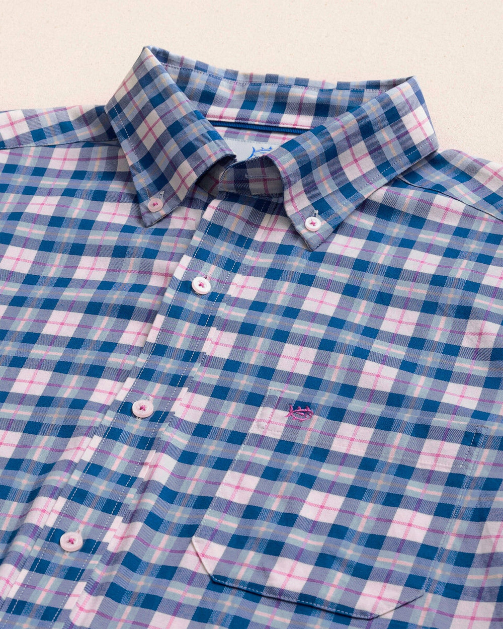 The detail view of the Southern Tide Forsyth Park Skipjack Sport Shirt by Southern Tide - Nautical Blue
