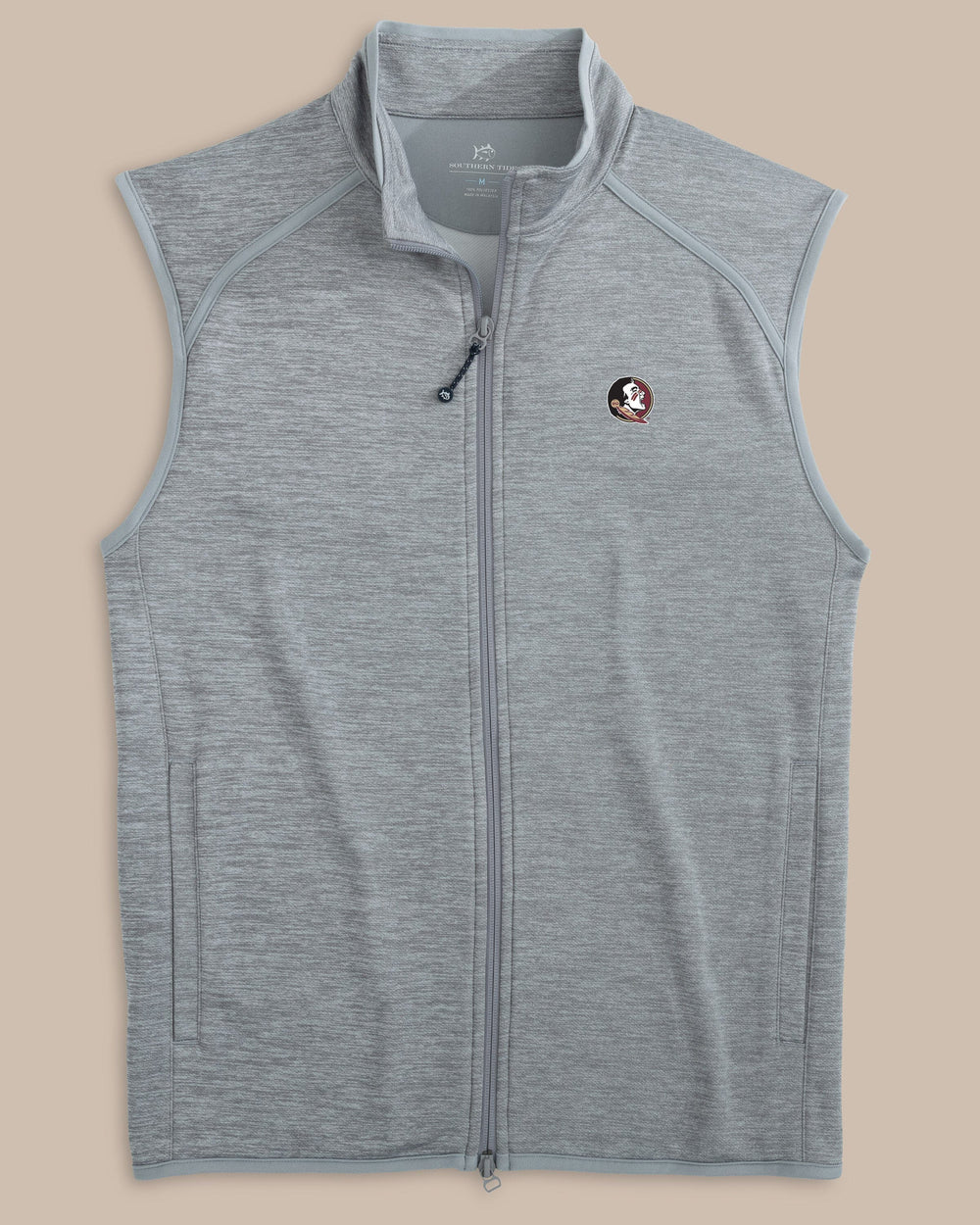 The front view of the Southern Tide FSU Seminoles Baybrook Heather Vest by Southern Tide - Heather Ultimate Grey