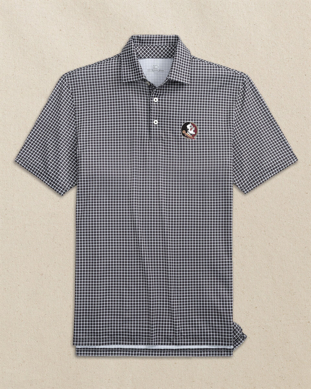 The front view of the Southern Tide FSU Seminoles Driver Dunes Edge Plaid Polo by Southern Tide - Black