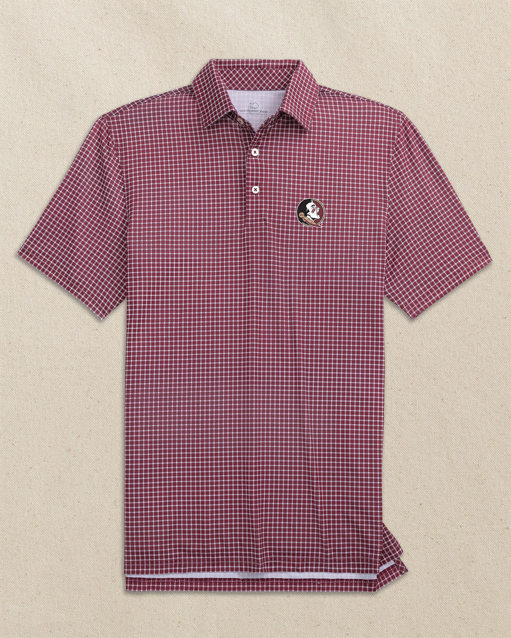 The front view of the Southern Tide FSU Seminoles Driver Dunes Edge Plaid Polo by Southern Tide - Chianti