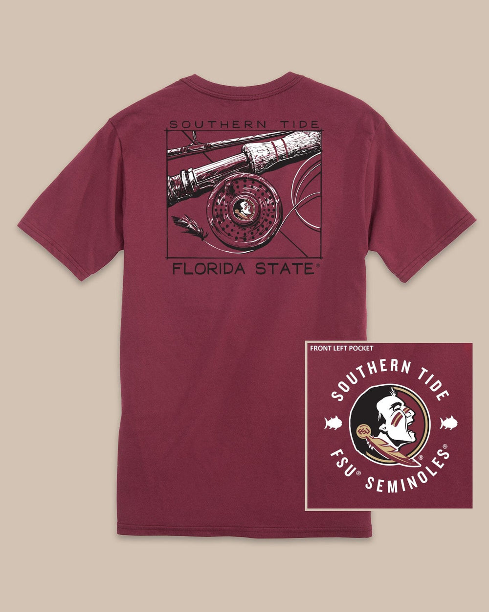 The back view of the FSU Seminoles Gameday Fly Reel T-Shirt by Southern Tide - Chianti