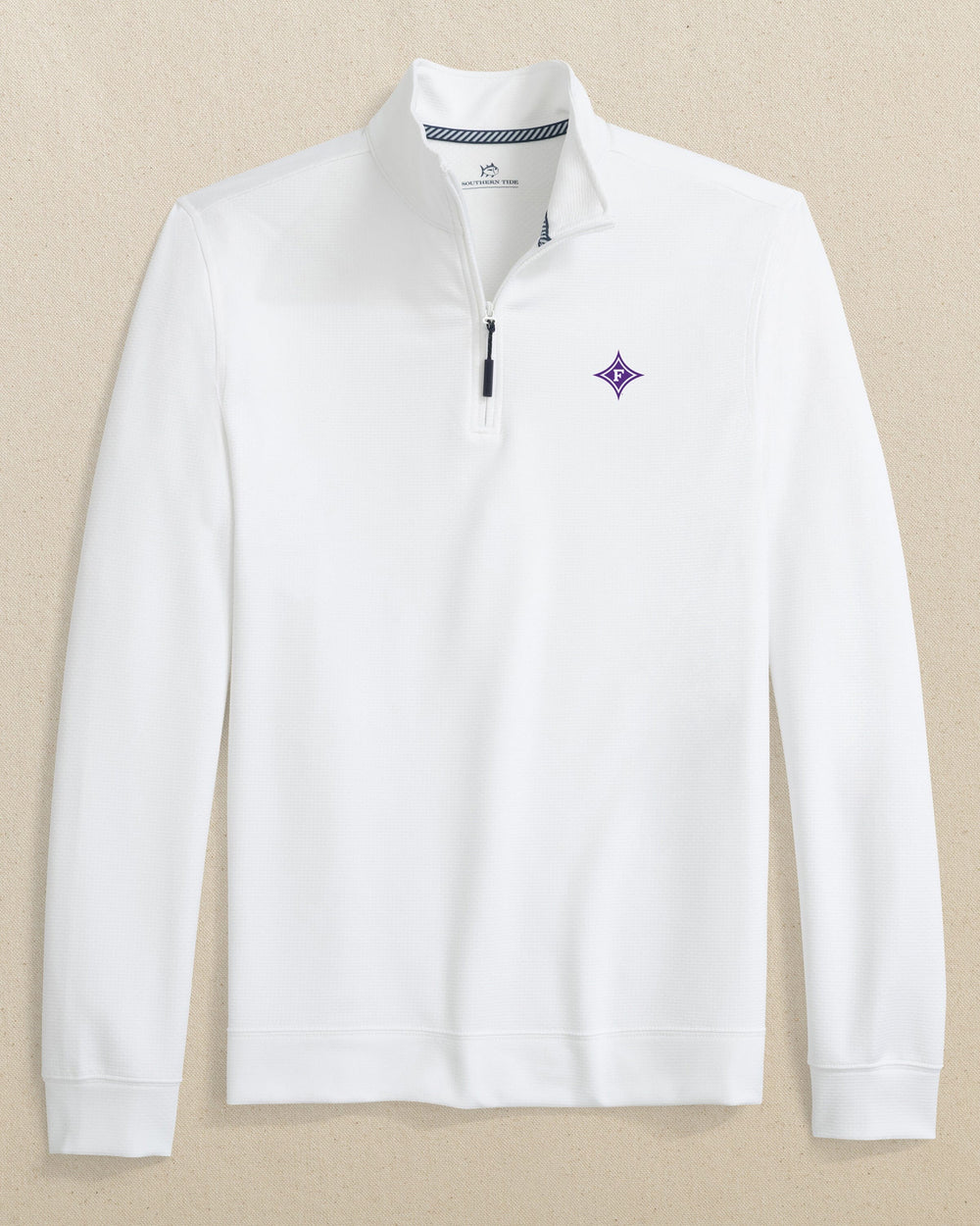 The front view of the Southern Tide Furman Paladins Schooner Quarter Zip by Southern Tide - Classic White