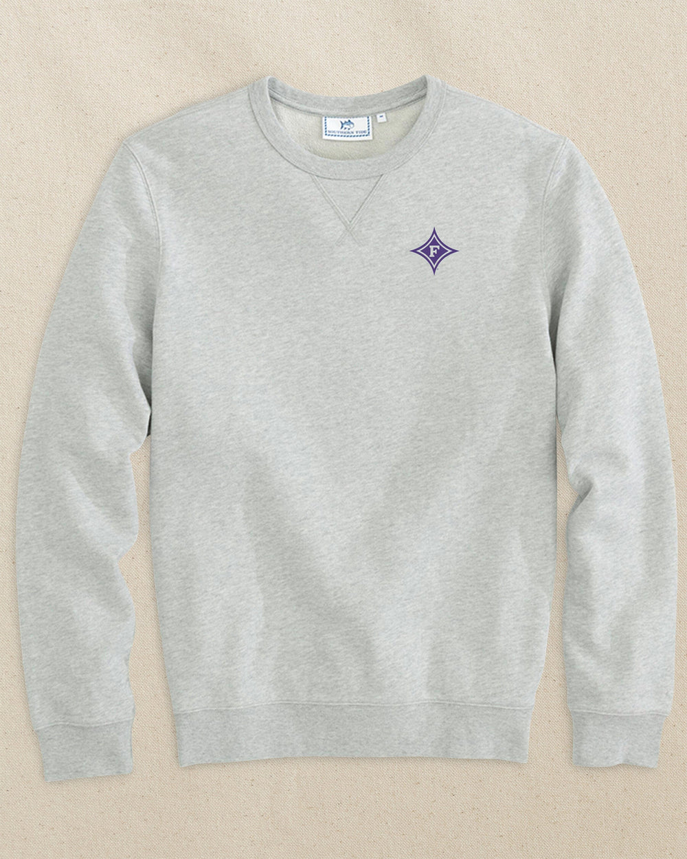 The front view of the Southern Tide Furman Paladins Upper Deck Pullover Sweatshirt by Southern Tide - Heather Slate Grey