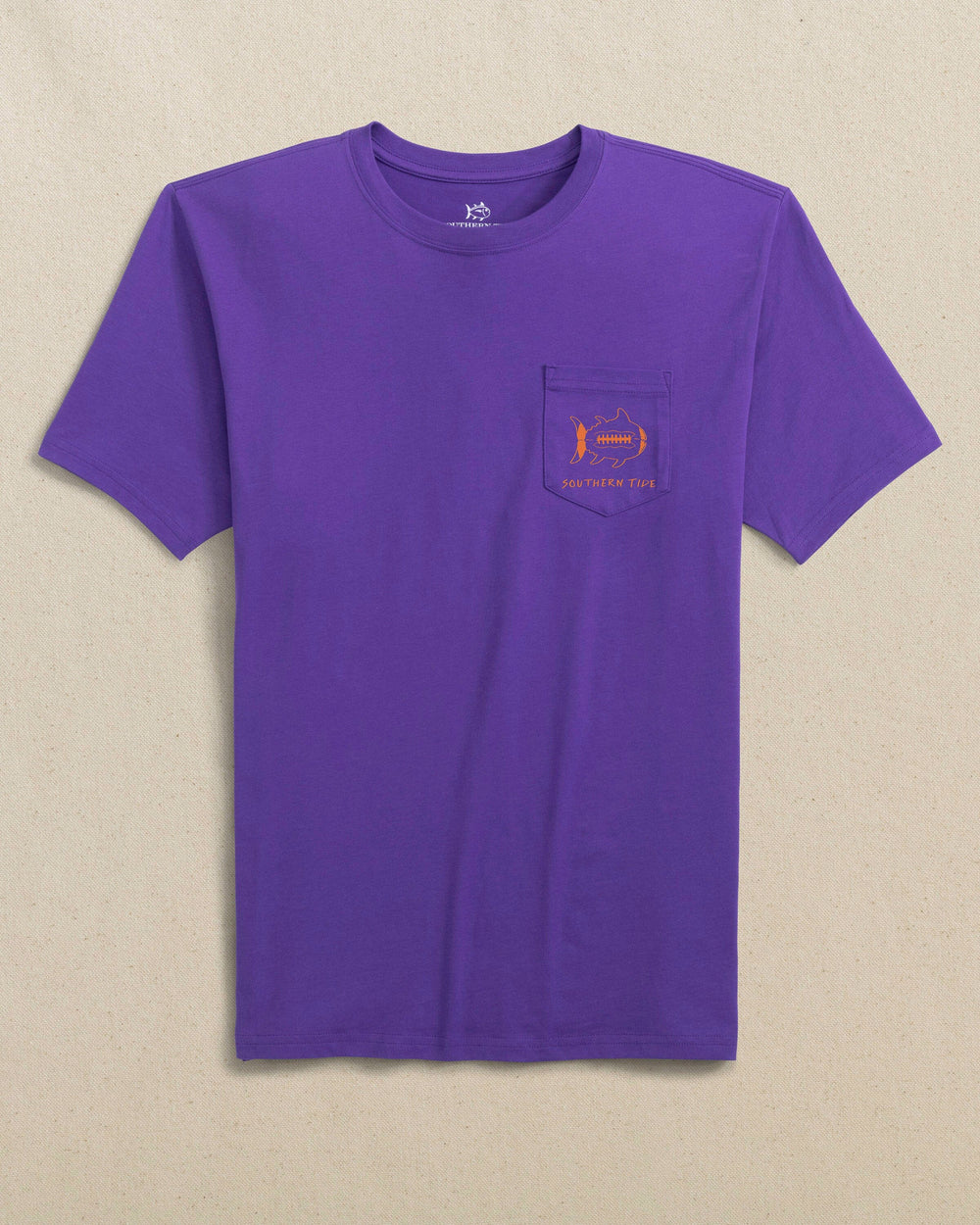 The front view of the Southern Tide Gameday Football Short Sleeve T-Shirt by Southern Tide - Regal Purple and Endzone Orange
