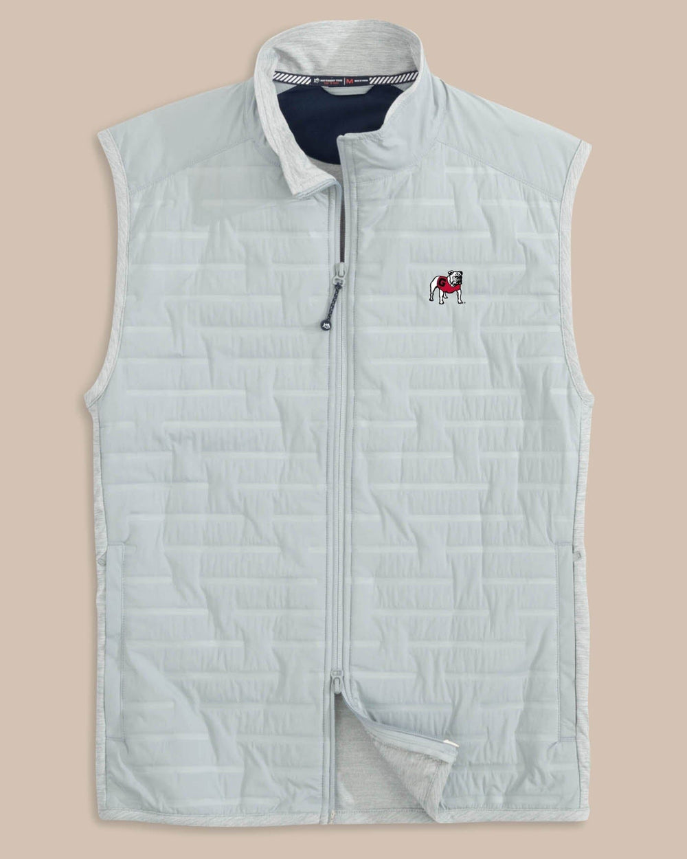 The front view of the Southern Tide Georgia Bulldogs Abercorn Vest by Southern Tide - Gravel Grey