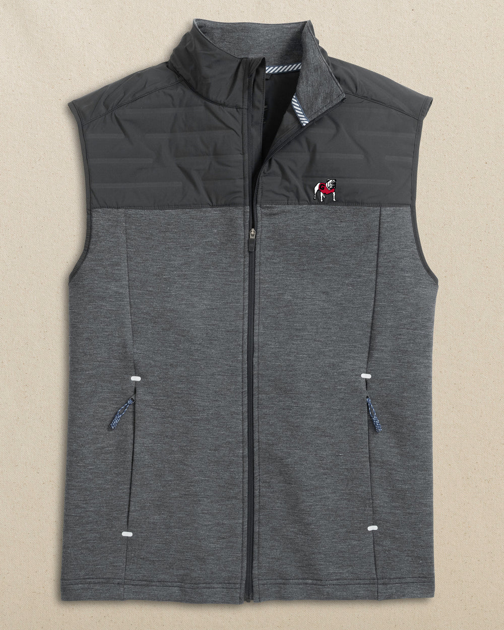 The front view of the Southern Tide Georgia Bulldogs Coligny Quilted Vest by Southern Tide - Caviar Black