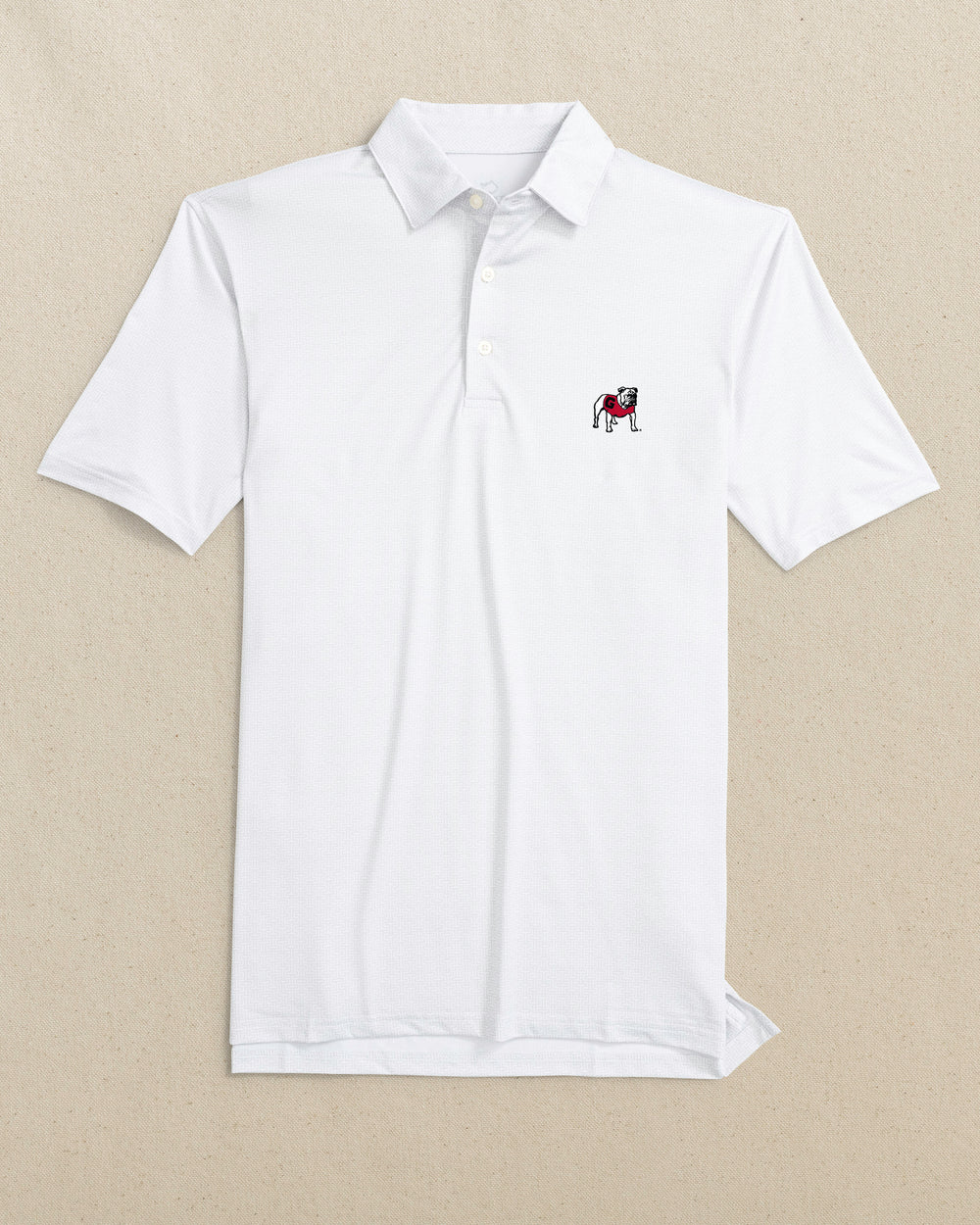 The front view of the Southern Tide Georgia Bulldogs Driver ST Geo Printed Polo by Southern Tide - Classic White