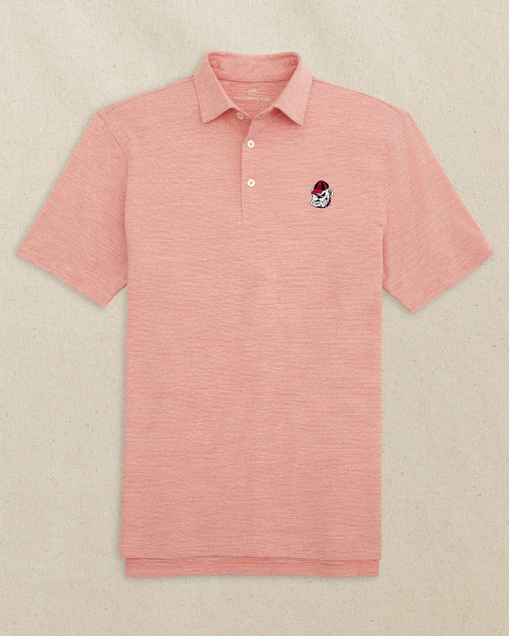 The front view of the Southern Tide Georgia Bulldogs Head Driver Spacedye Polo by Southern Tide - Varsity Red