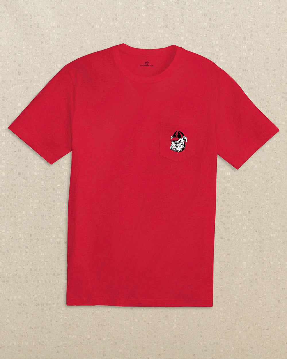 The front view of the Southern Tide Georgia Bulldogs Head Embroidered Short Sleeve T-Shirt by Southern Tide - Varsity Red