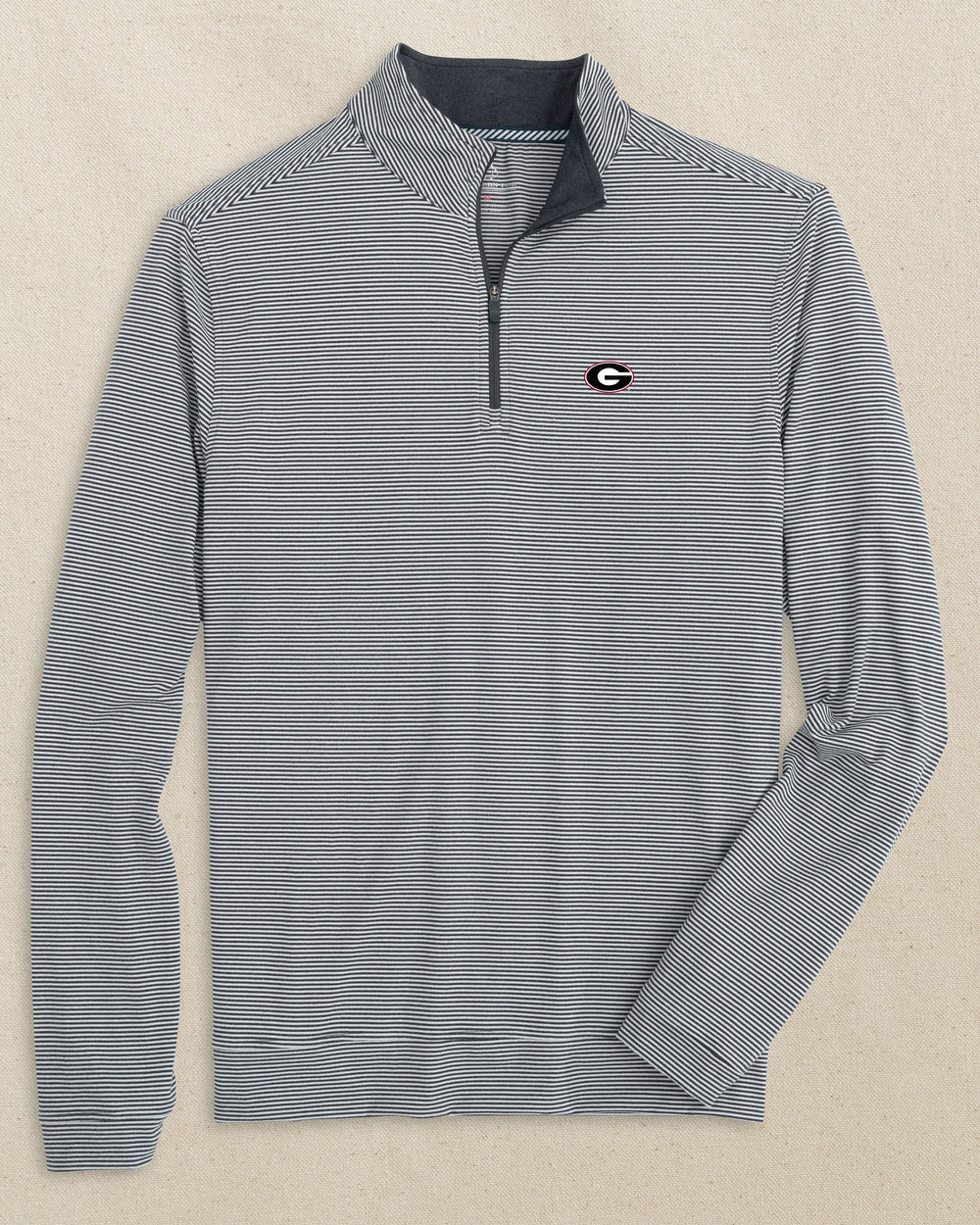 The front view of the Southern Tide Georgia Bulldogs Oval G Cruiser Micro-Stripe Quarter Zip by Southern Tide - Heather Black