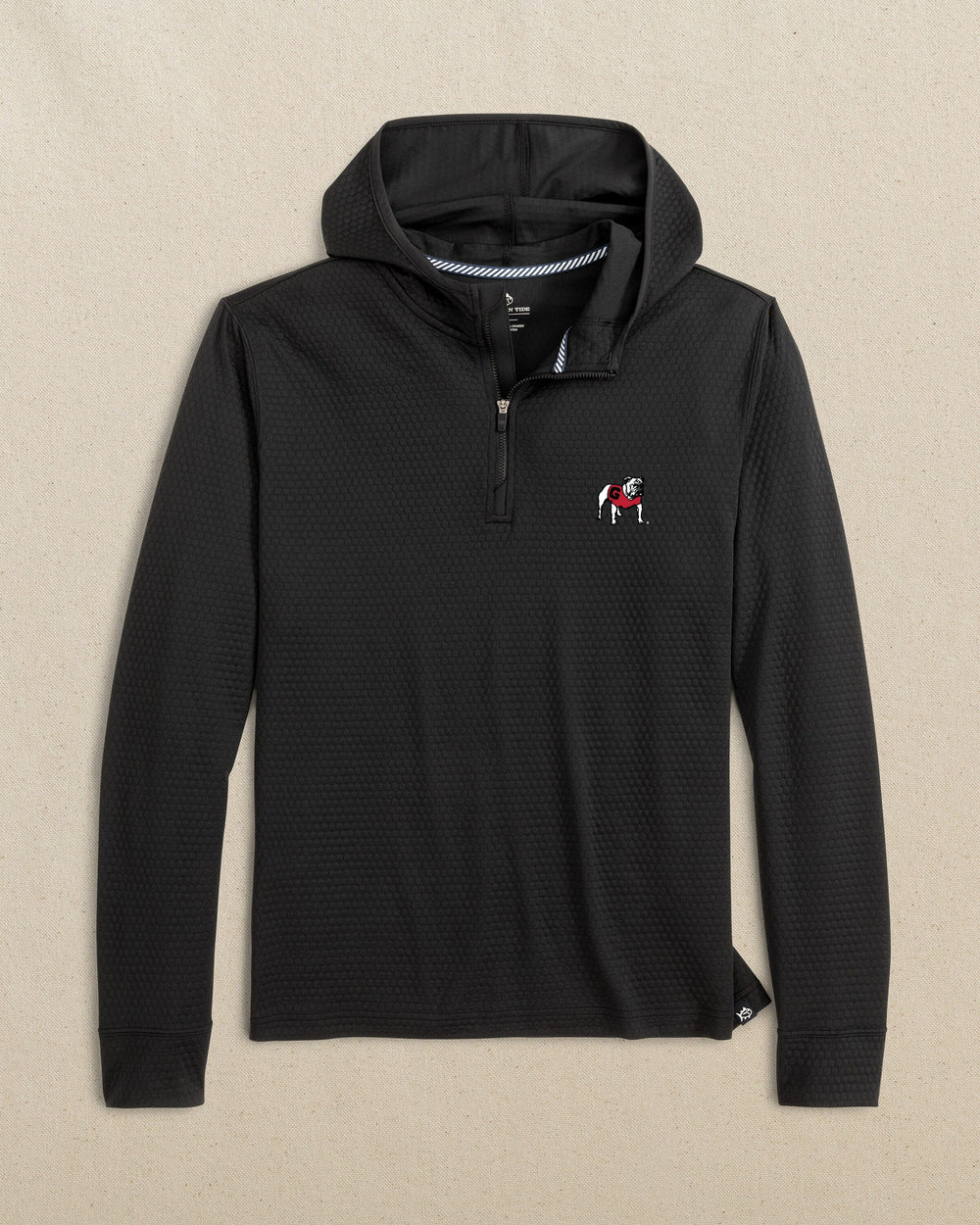 The front view of the Georgia Bulldogs Scuttle Performance Quarter Zip Hoodie by Southern Tide - Caviar Black
