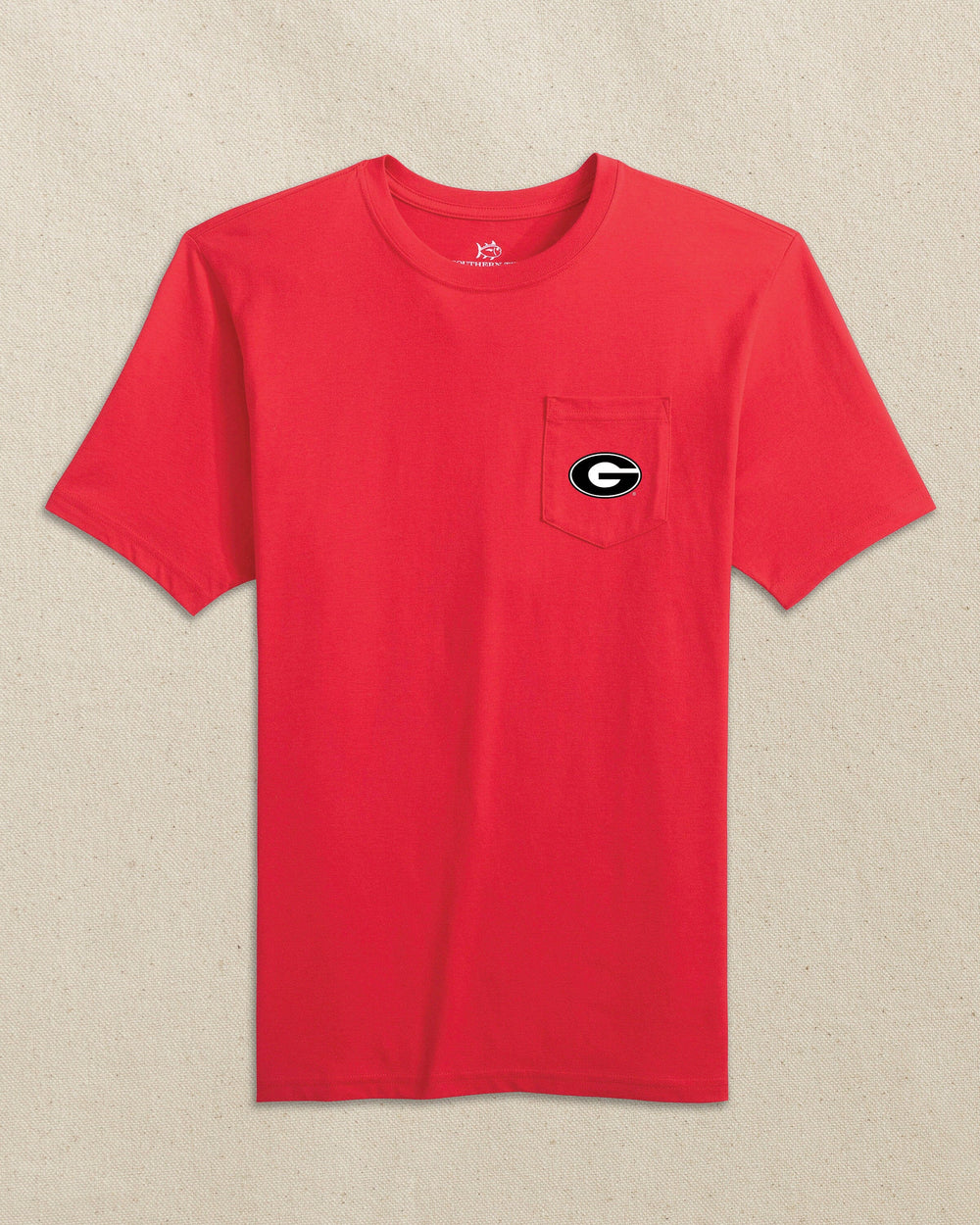 The front view of the Southern Tide Georgia Bulldogs Skipjack Play Short Sleeve T-Shirt by Southern Tide - Varsity Red and Black