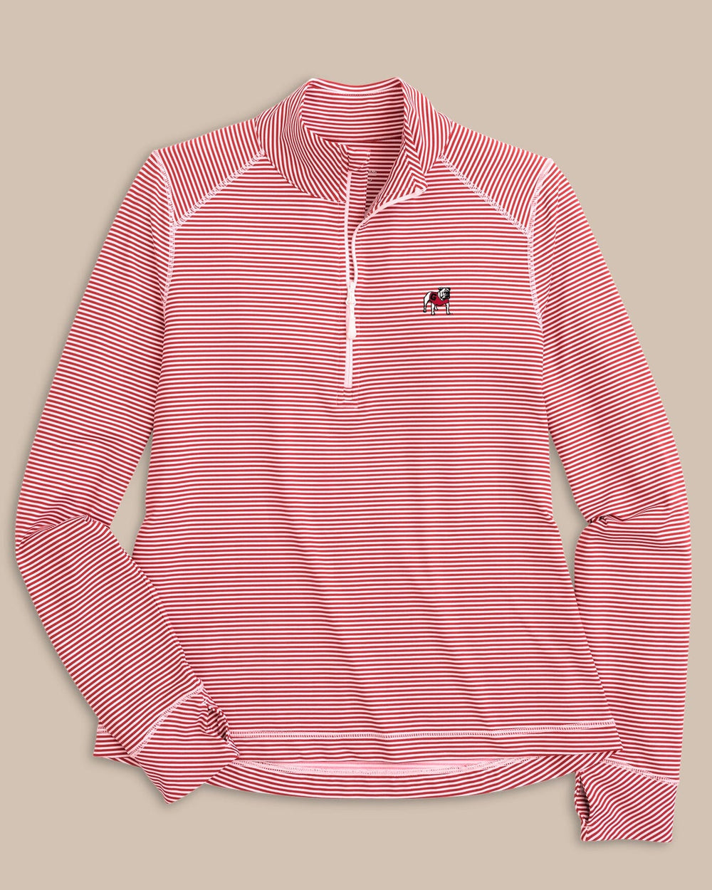 The front view of the Southern Tide Georgia Bulldogs Striped Runaround Quarter Zip by Southern Tide - Varsity Red