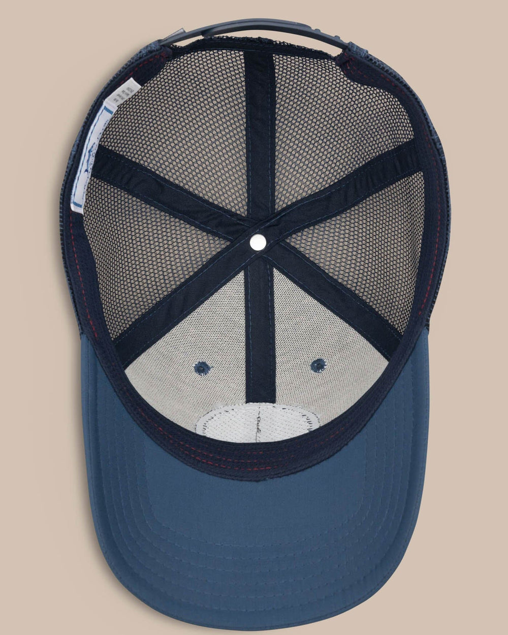 The below view of the Men's Georgia Patch Performance Trucker Hat by Southern Tide - Seven Seas Blue