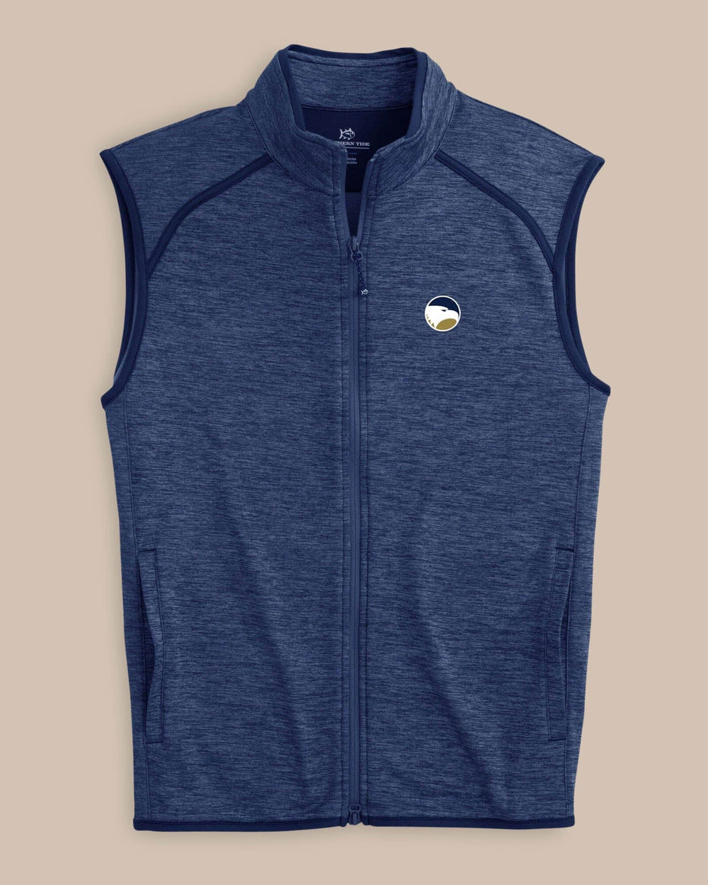 The front view of the Georgia Southern Eagles Baybrook Heather Vest by Southern Tide - Heather Navy