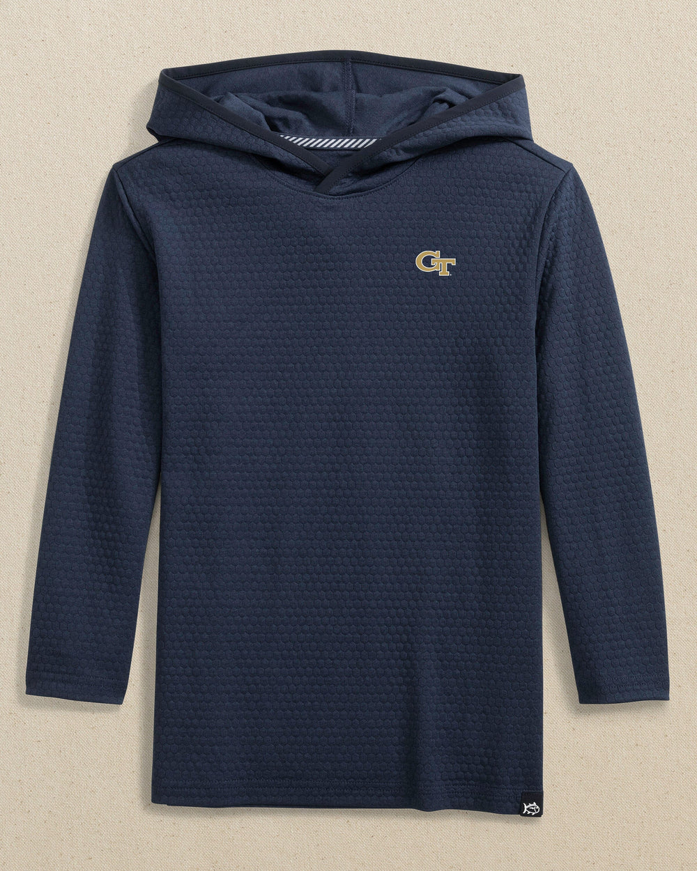 The front view of the Southern Tide Georgia Tech Boys Scuttle Hoodie by Southern Tide - Heather True Navy