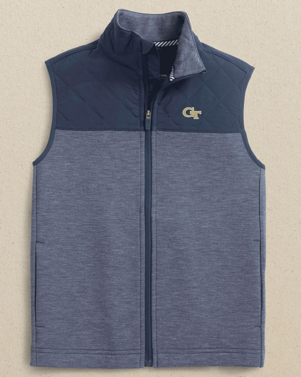 The front view of the Southern Tide Georgia Tech Boys Waterfront Quilted Vest by Southern Tide - Dress Blue