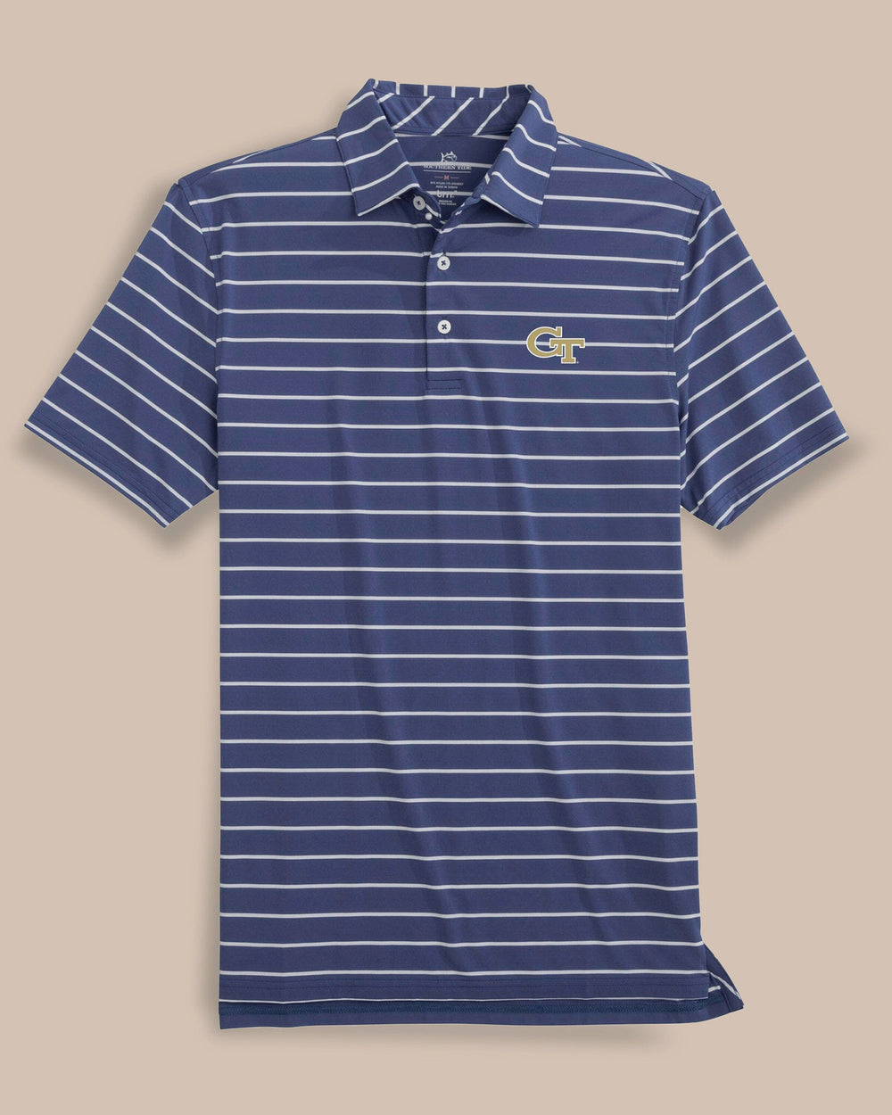 The front view of the Georgia Tech brrr°®-eeze Desmond Stripe Polo by Southern Tide - Navy